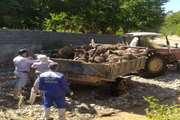 جمع آوری و دفن لاشه های دامهای تلف شده در سیل روستای روئین شهرستان اسفراین
